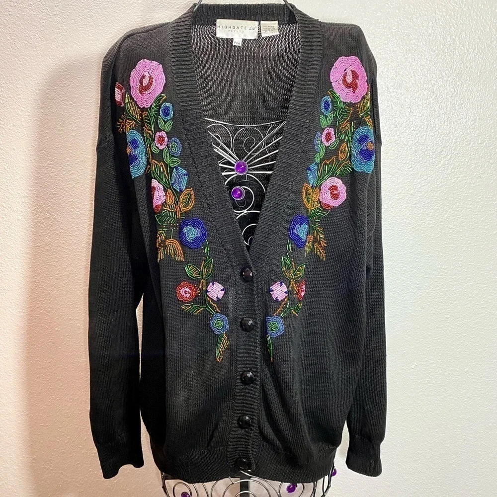 Highgate LTD Petite Vintage floral beaded knit button up cardigan size MP
